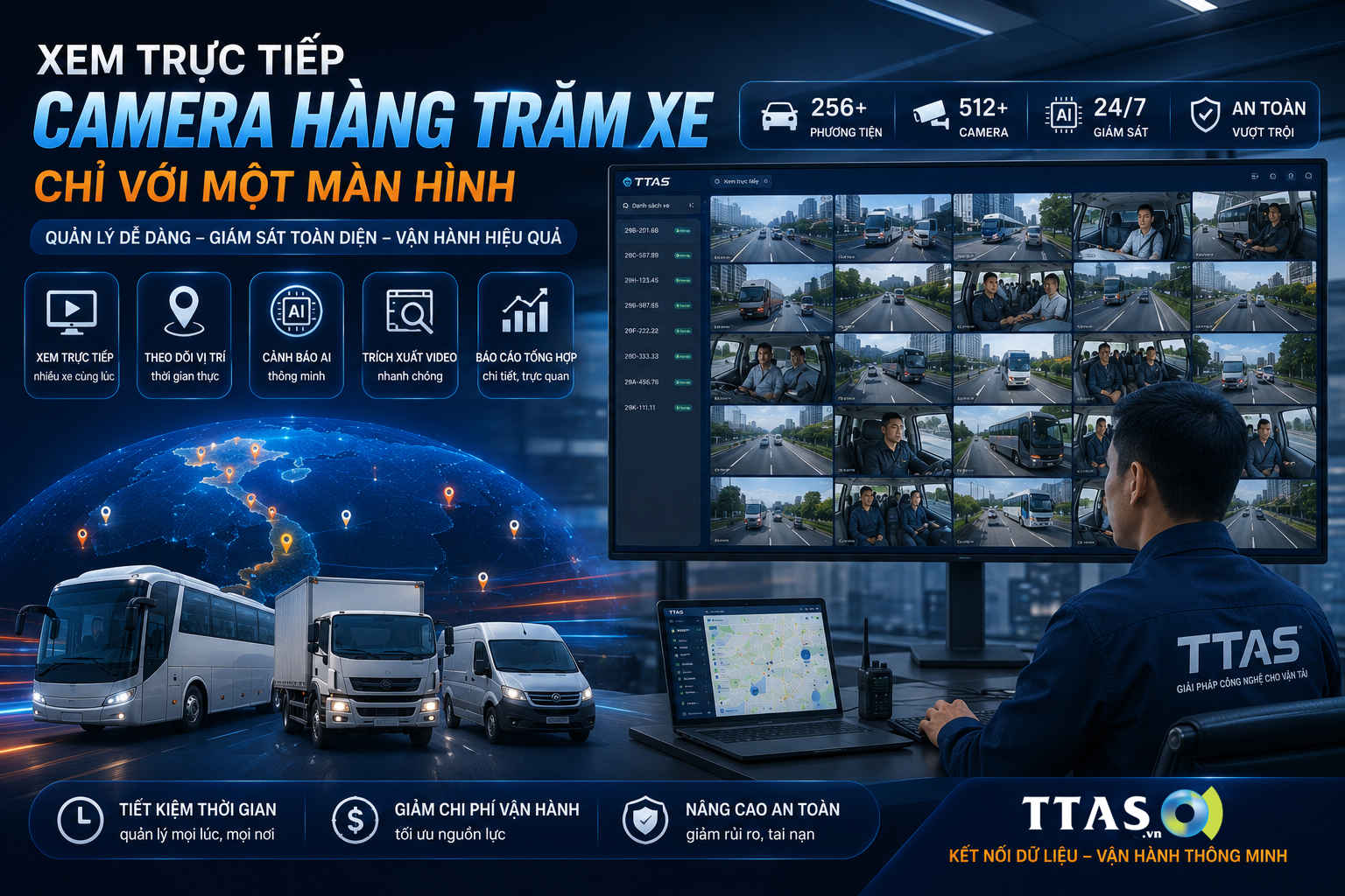 Giải pháp TTAS giám sát camera hàng trăm xe tải và xe khách theo thời gian thực trên một màn hình